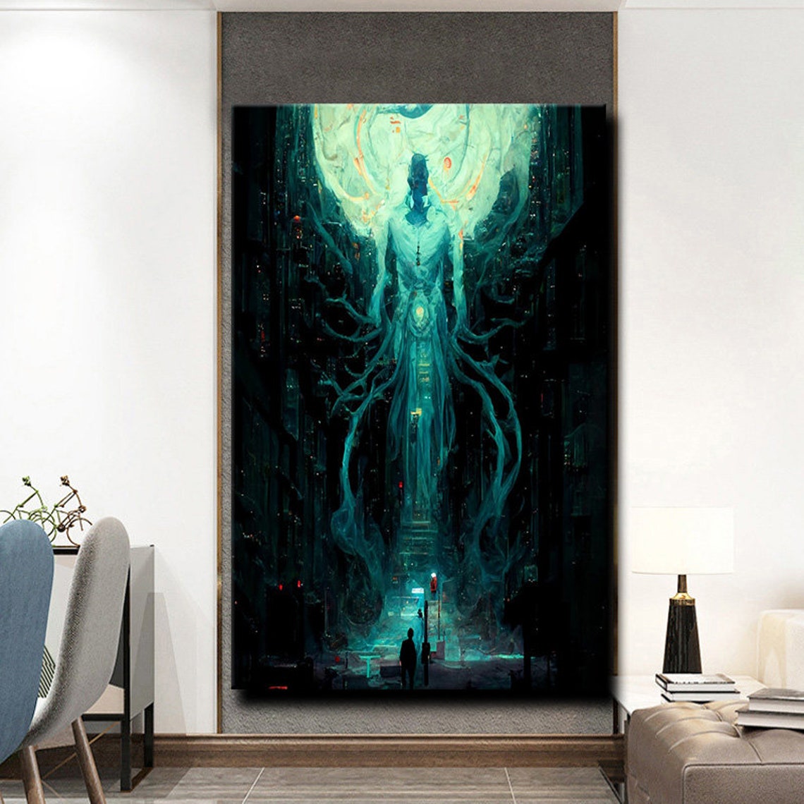 Giant Teal Ghost Spirit Over City Street Sci Fi Surreal Art Print - Image 3