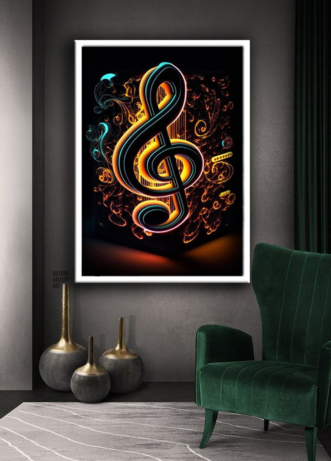Glowing Neon Treble Clef Orange Teal Smoke Dark Background Art Poster - Image 2
