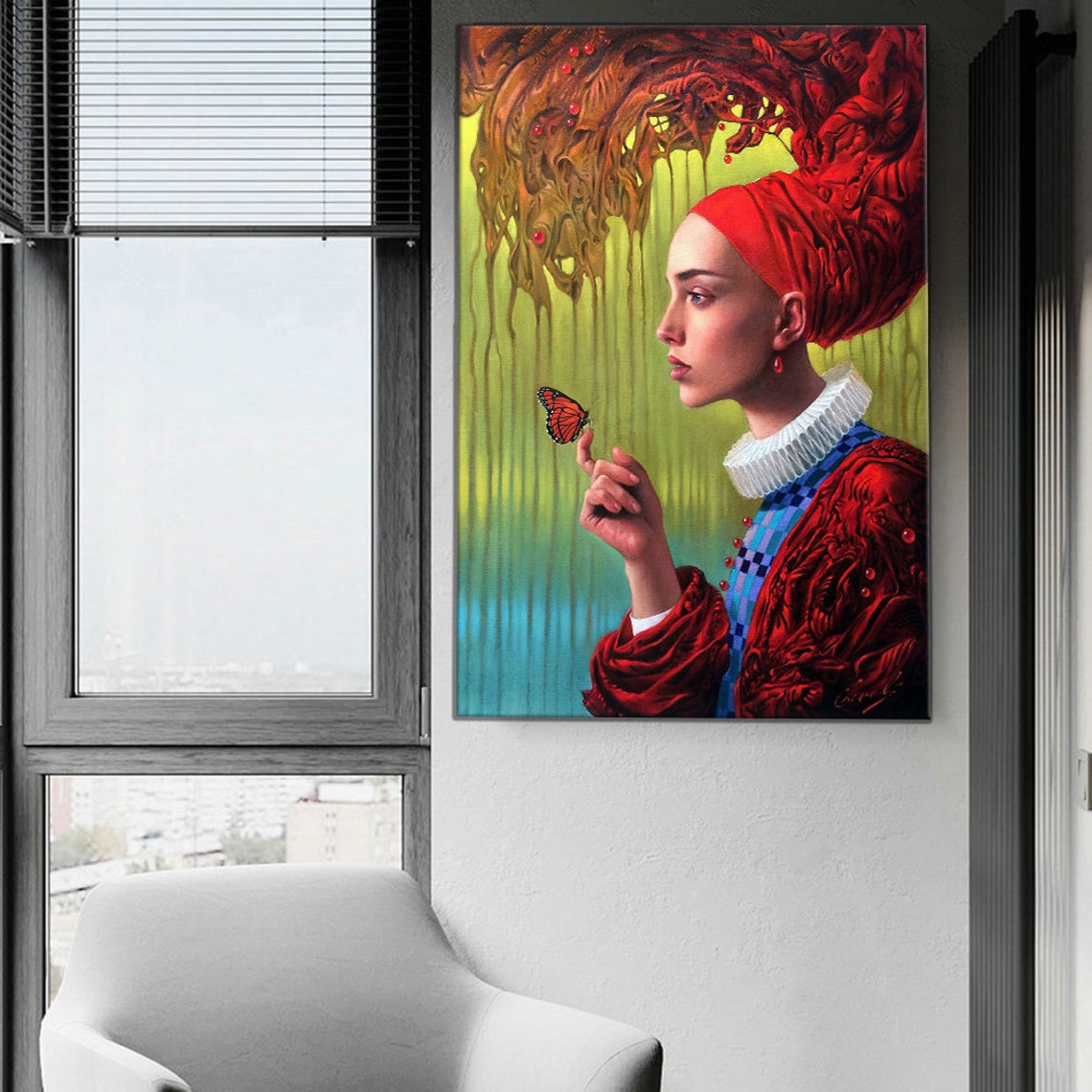 Woman Red Turban Butterfly Surreal Melting Tree Oil Painting Print - Image 2