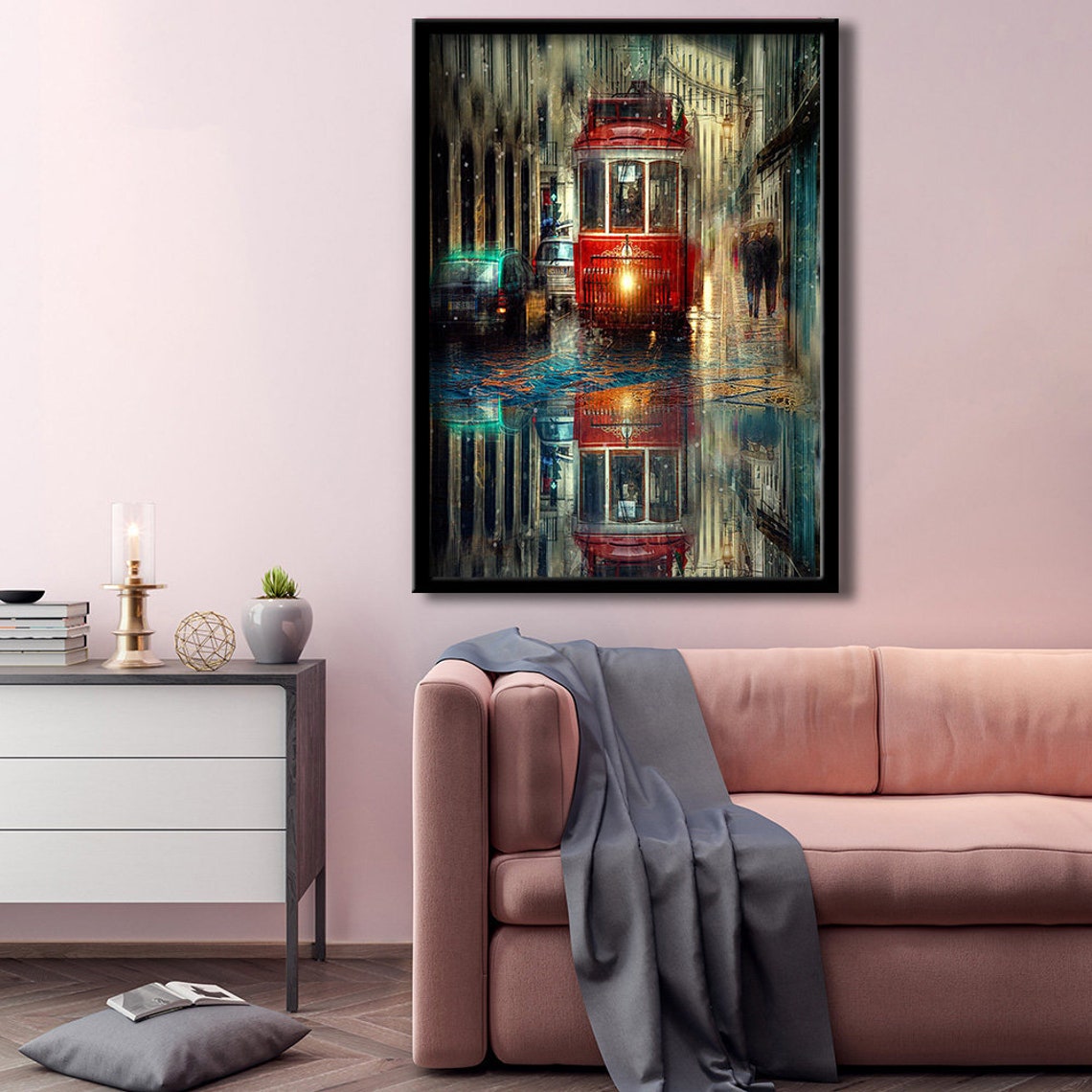 Red Vintage Tram Rainy City Street Night Reflections Wall Poster - Image 2