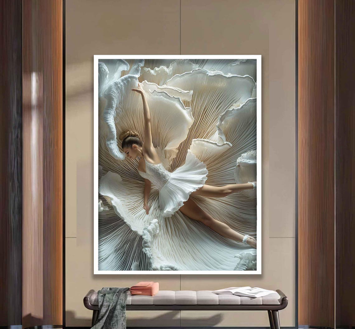 Elegant Ballerina Dancing Inside Giant White Flower Artistic Poster