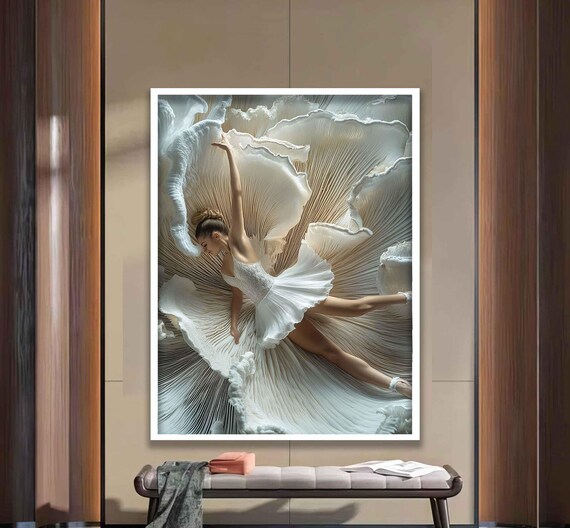 Elegant Ballerina Dancing Inside Giant White Flower Artistic Poster