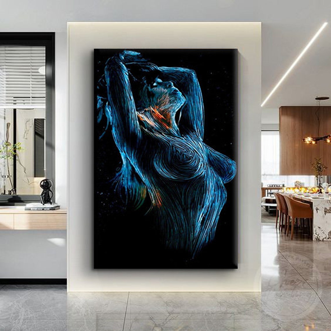 Blue Neon Linear Nude Woman Figure Abstract Modern Art Poster