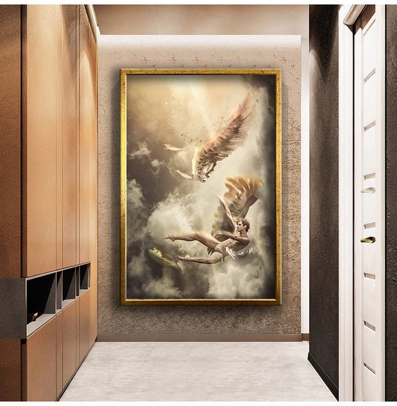 Angel Falling From The Clouds With Wings Painting Surrealist Wall Decoration Wall Art Ready To Hang Painting