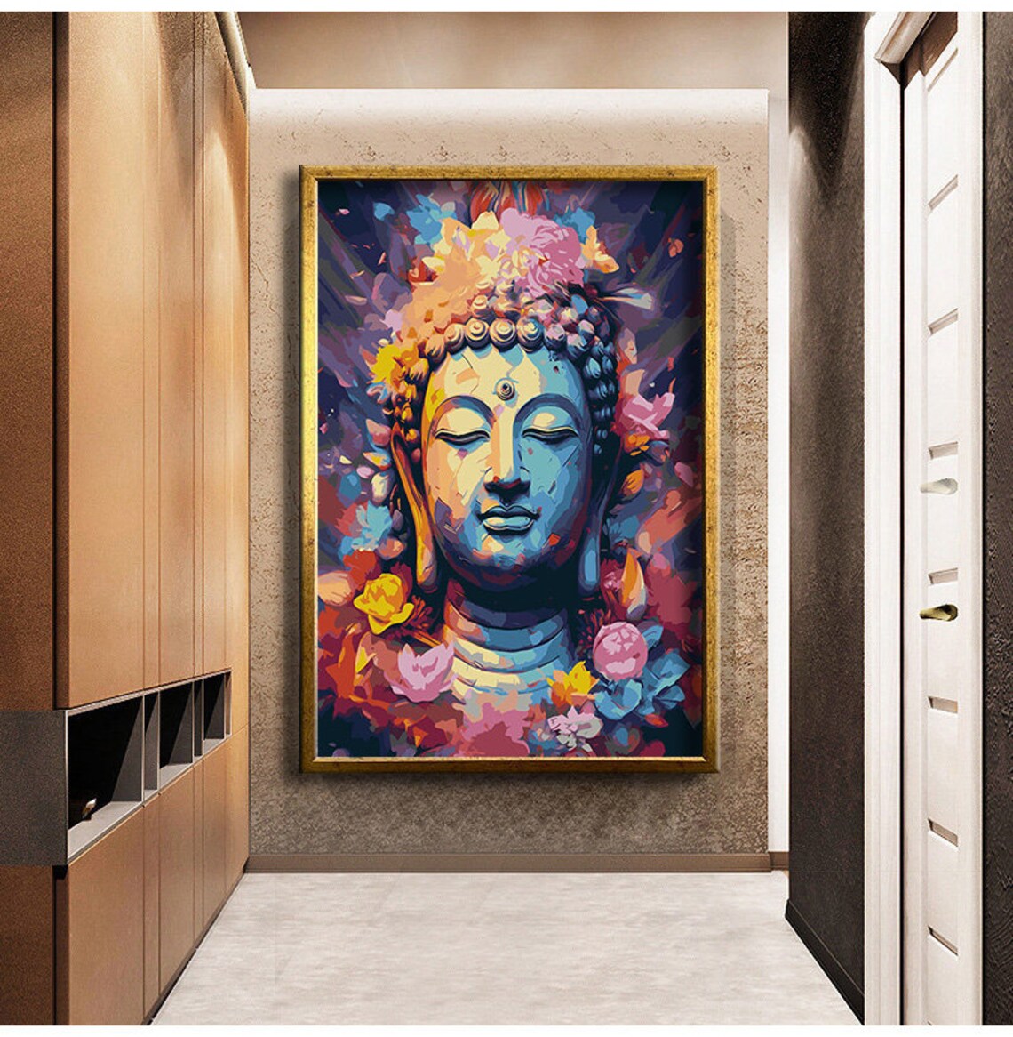 Colorful Buddha Face Floral Painting Vibrant Meditation Zen Decor Poster