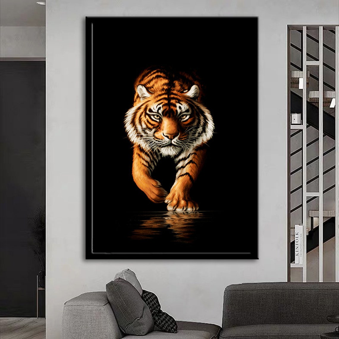 Tiger Emerging Darkness Prowling Realistic Black Background Poster - Image 4