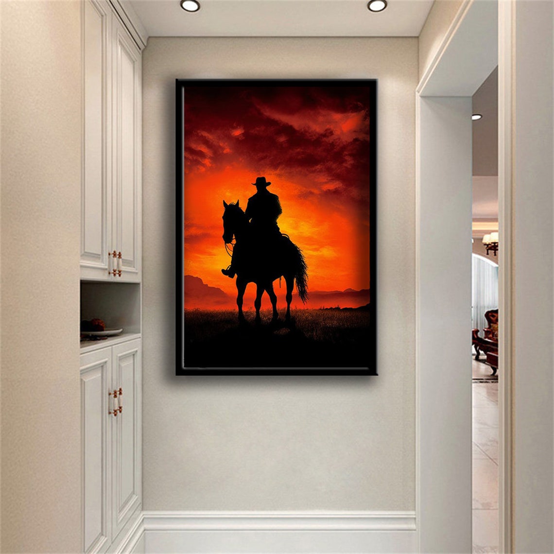 Cowboy On Horseback Silhouette Fiery Red Sunset Western Art Poster - Image 3