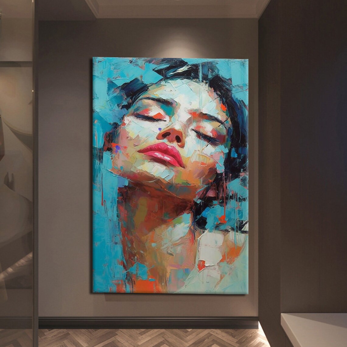 Impressionist Woman Face Eyes Closed Turquoise Palette Knife Painting Art Print - Image 2