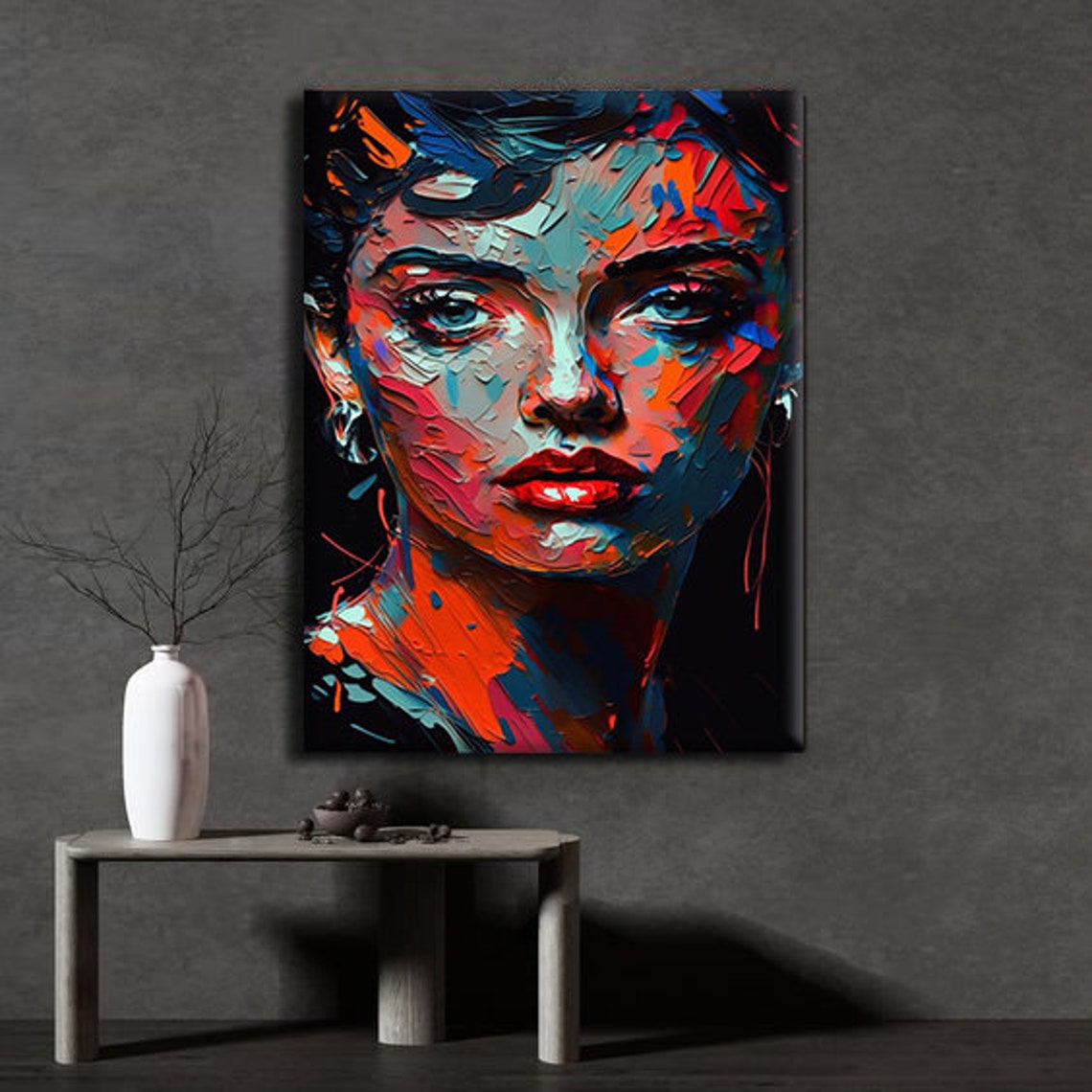 Woman Face Impasto Palette Knife Red Blue Modern Portrait Art Print - Image 3