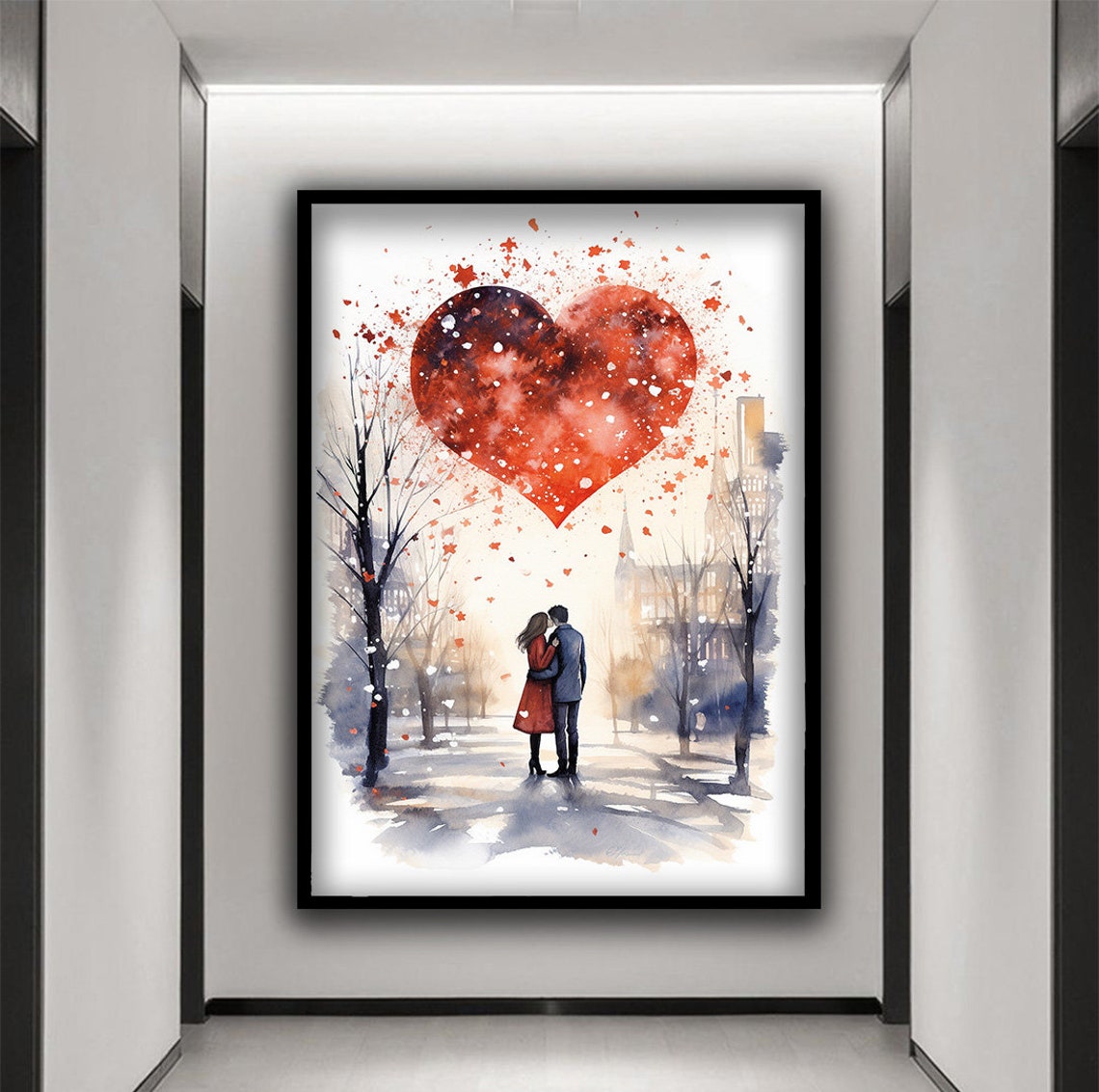 Romantic Couple Big Red Heart Watercolor Valentine Love Wall Poster - Image 3