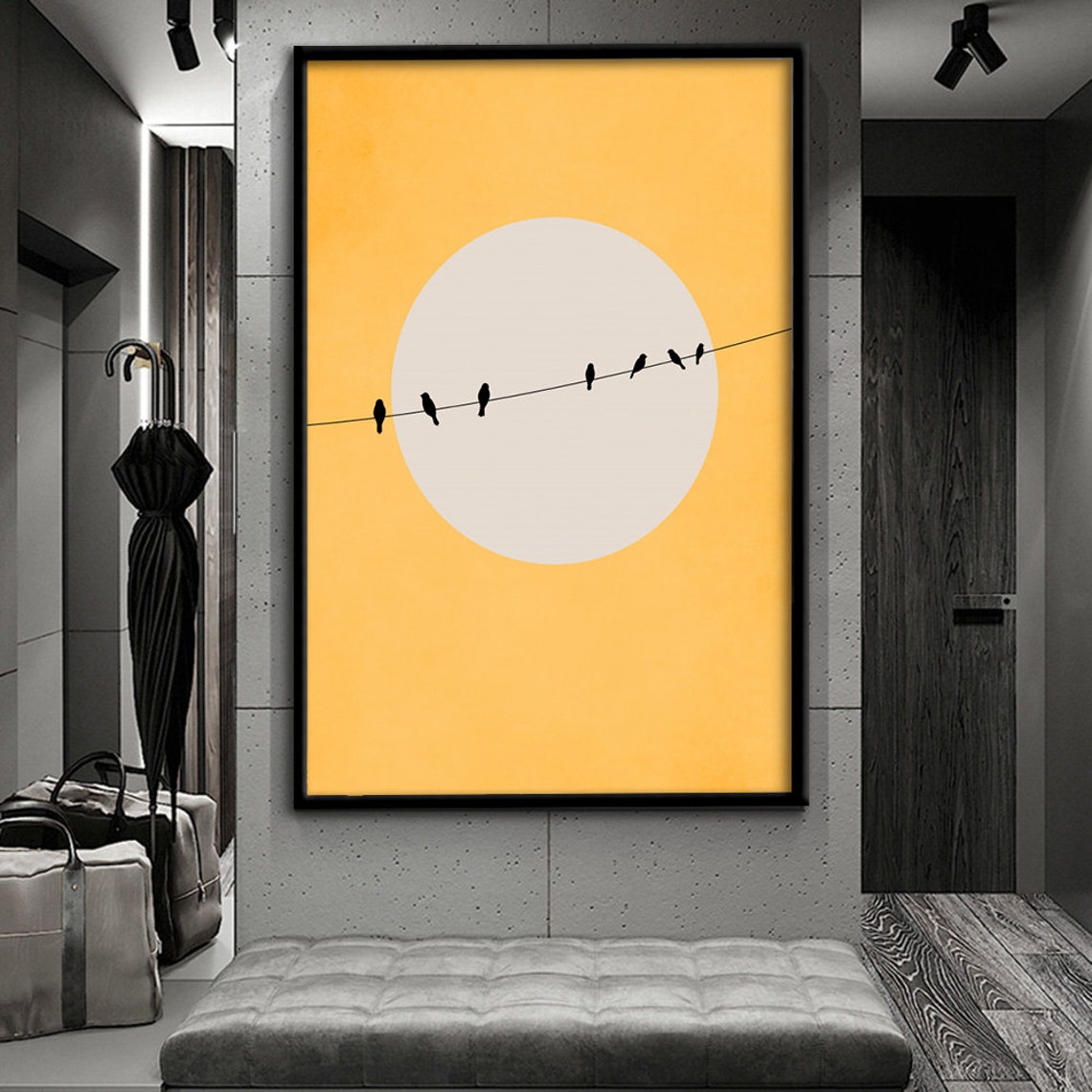 Minimalist Birds On Wire Orange Sun Modern Silhouette Poster - Image 4