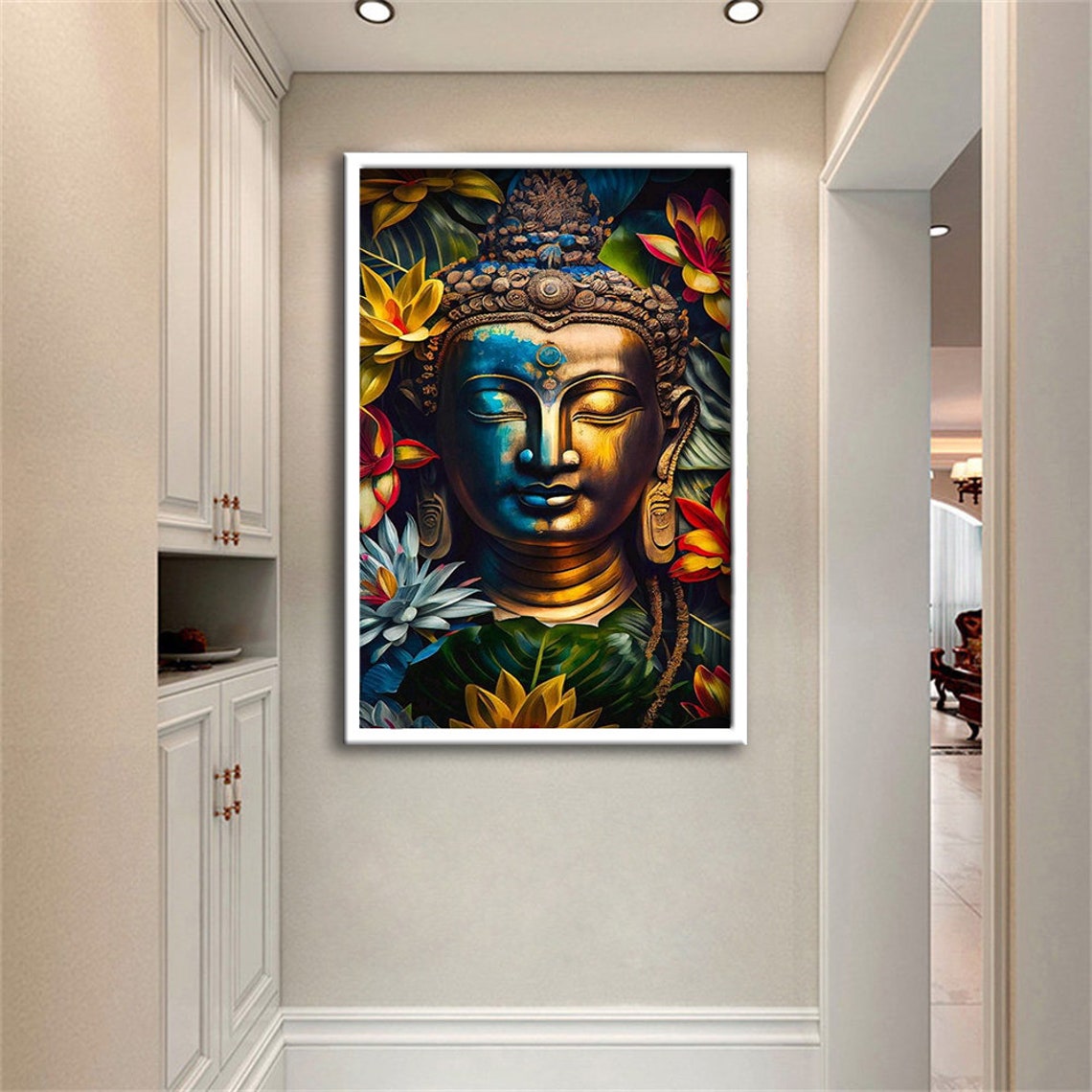 Zen Buddha Face Colorful Lotus Flowers Spiritual Wall Art Poster - Image 2