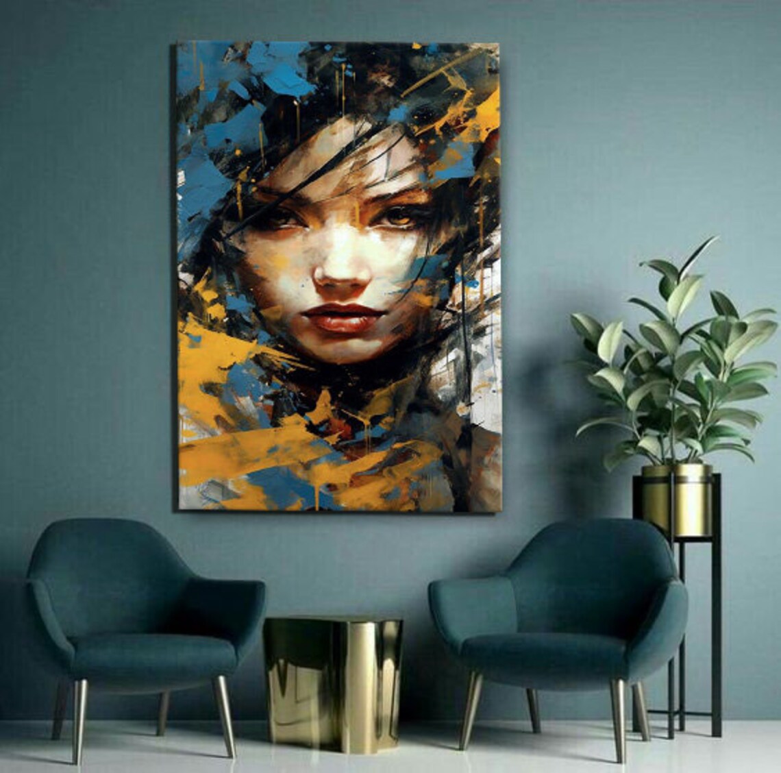 Abstract Woman Portrait Blue Gold Bold Brushstrokes Modern Art Print - Image 2