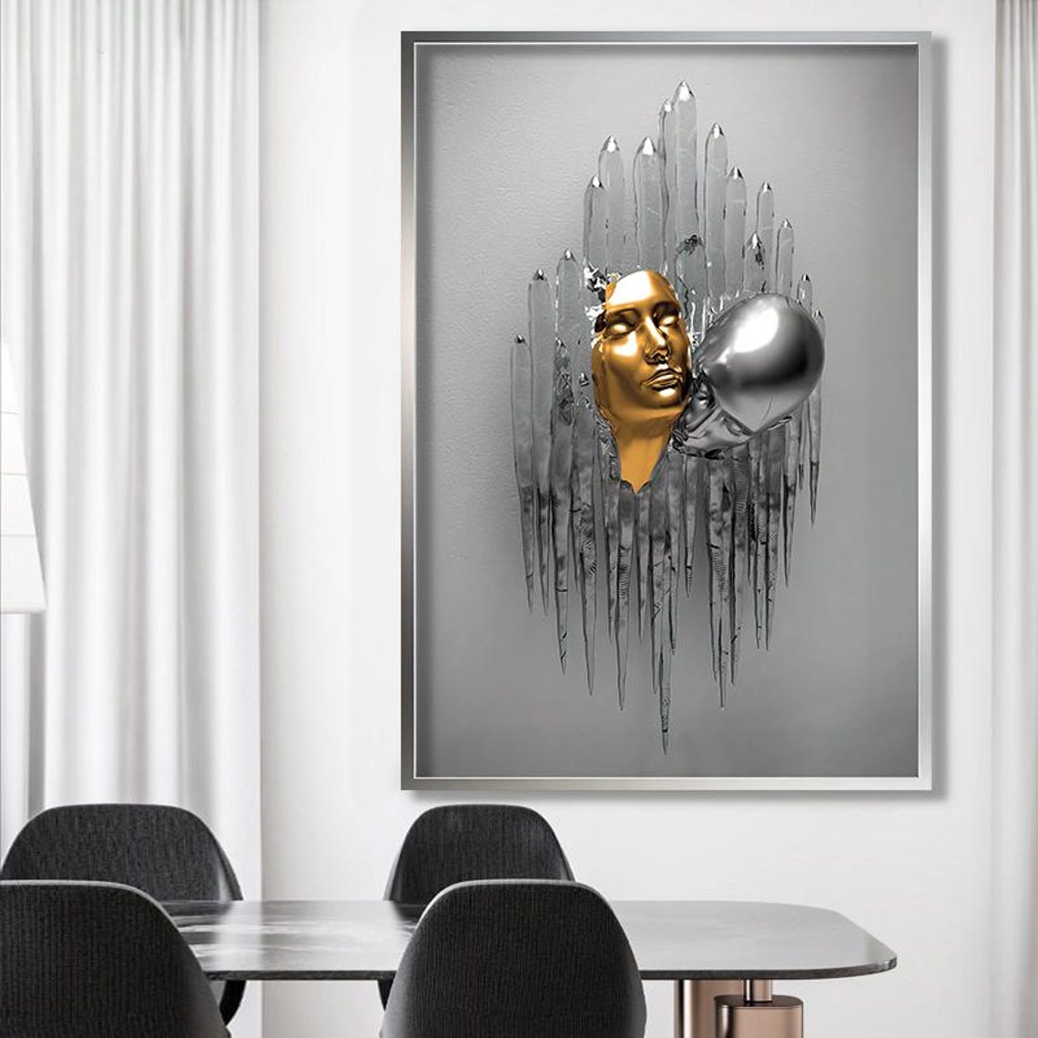 Golden Silver Couple Kissing 3D Statue Abstract Modern Love Art Poster - Image 4