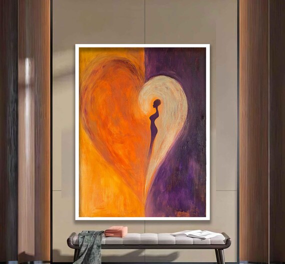 Abstract Heart Painting Woman Silhouette Orange Purple Love Art Wall Poster