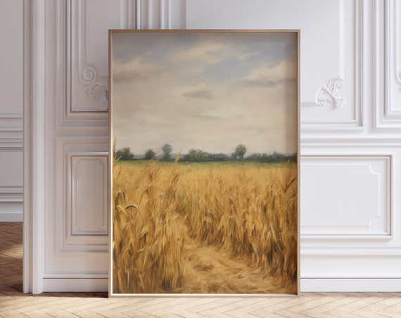 Wheat Field Landscape Oil Painting Vintage Art Print Countryside Wall Art Cottagecore Decor Moody Wall Art