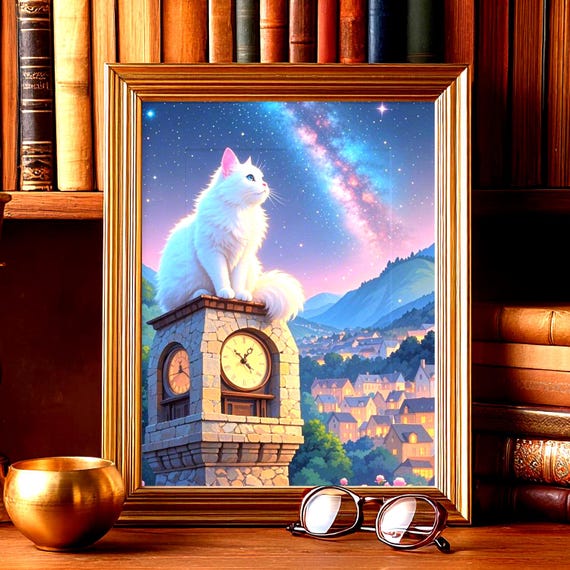 Fantasy Cat Poster Magical Art Print Celestial Sky Gift White Silhouette Milky Way Horizon Glow Anime Tower View Starlit Night