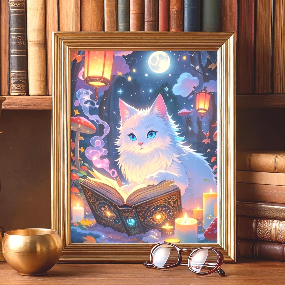 White Cat Reading A Spellbook In A Moonlit Witchy Forest Poster