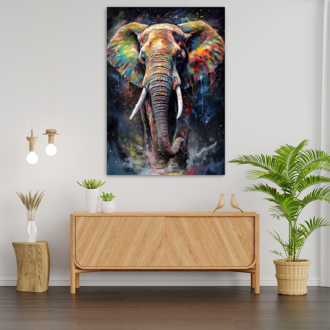 Colorful Elephant Paint Splashes Dramatic Dark Background Wildlife Art Print - Image 2
