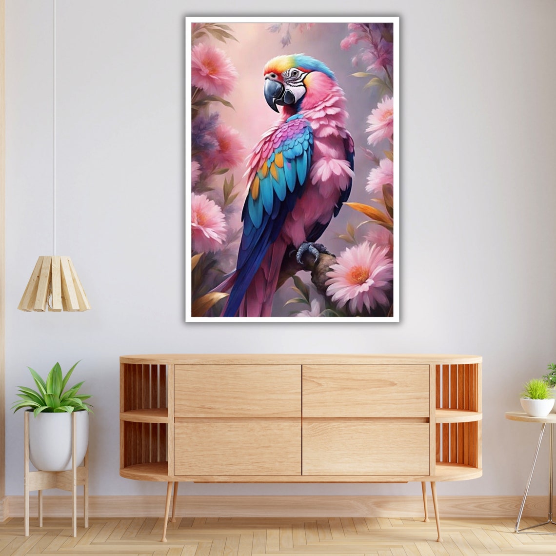 Pink Parrot With Blue Wings Perched Among Blooming Flowers Art Poster - Image 4
