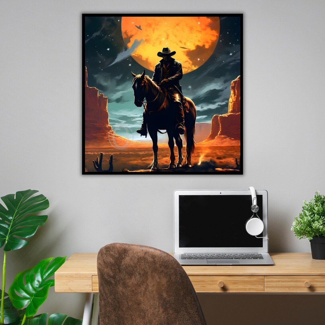 Cowboy Horse Silhouette Giant Orange Moon Desert Canyon Wall Art - Image 4