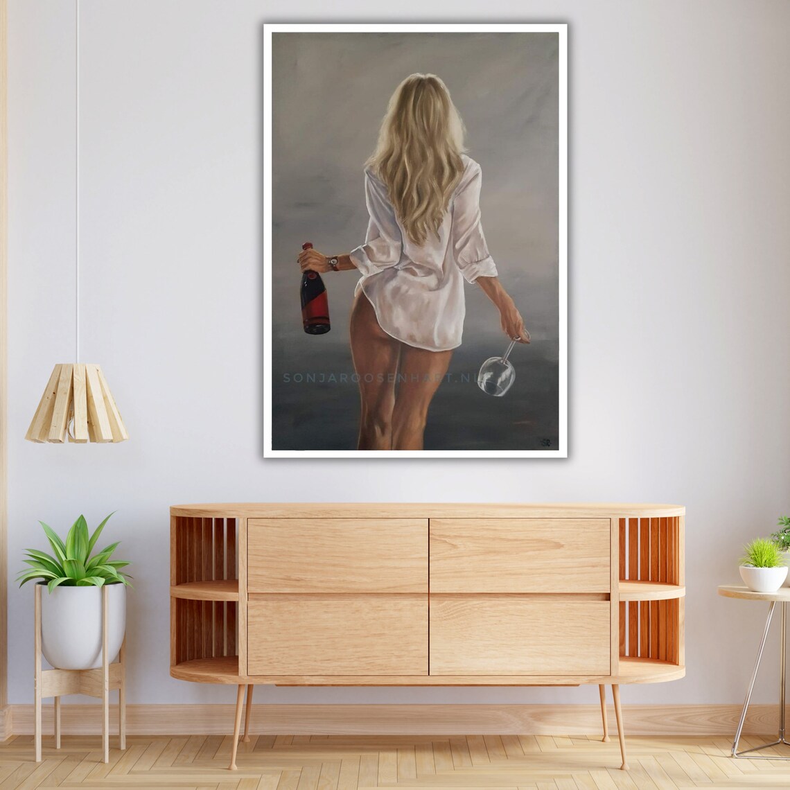 Woman In White Shirt Holding Wine Bottle And Glass From Behind Art Print - Image 4
