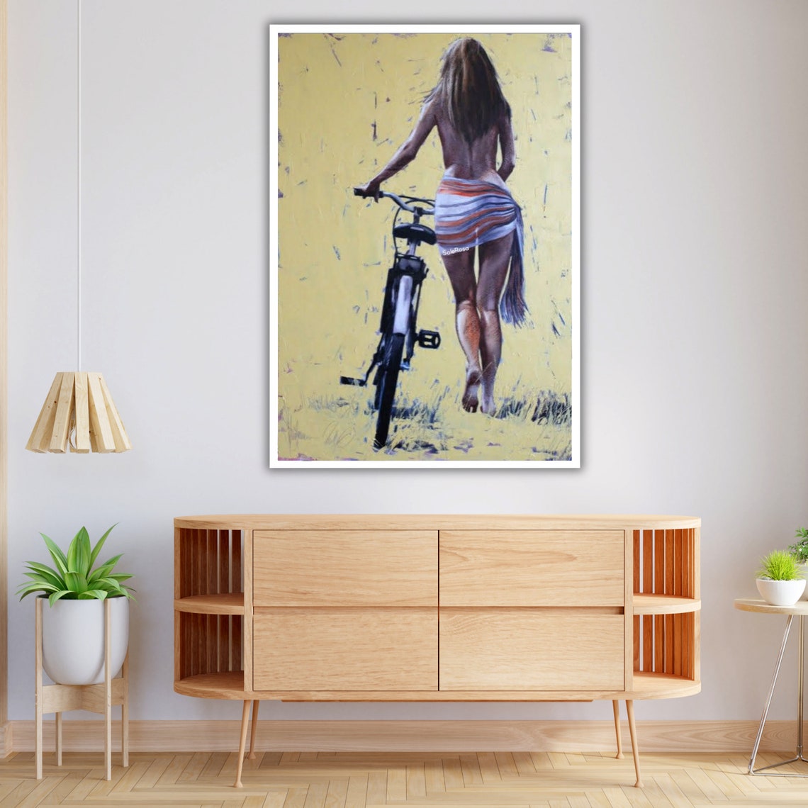 Golden Beach Day Woman Walking Bicycle In Sunlit Field Art Poster - Image 3