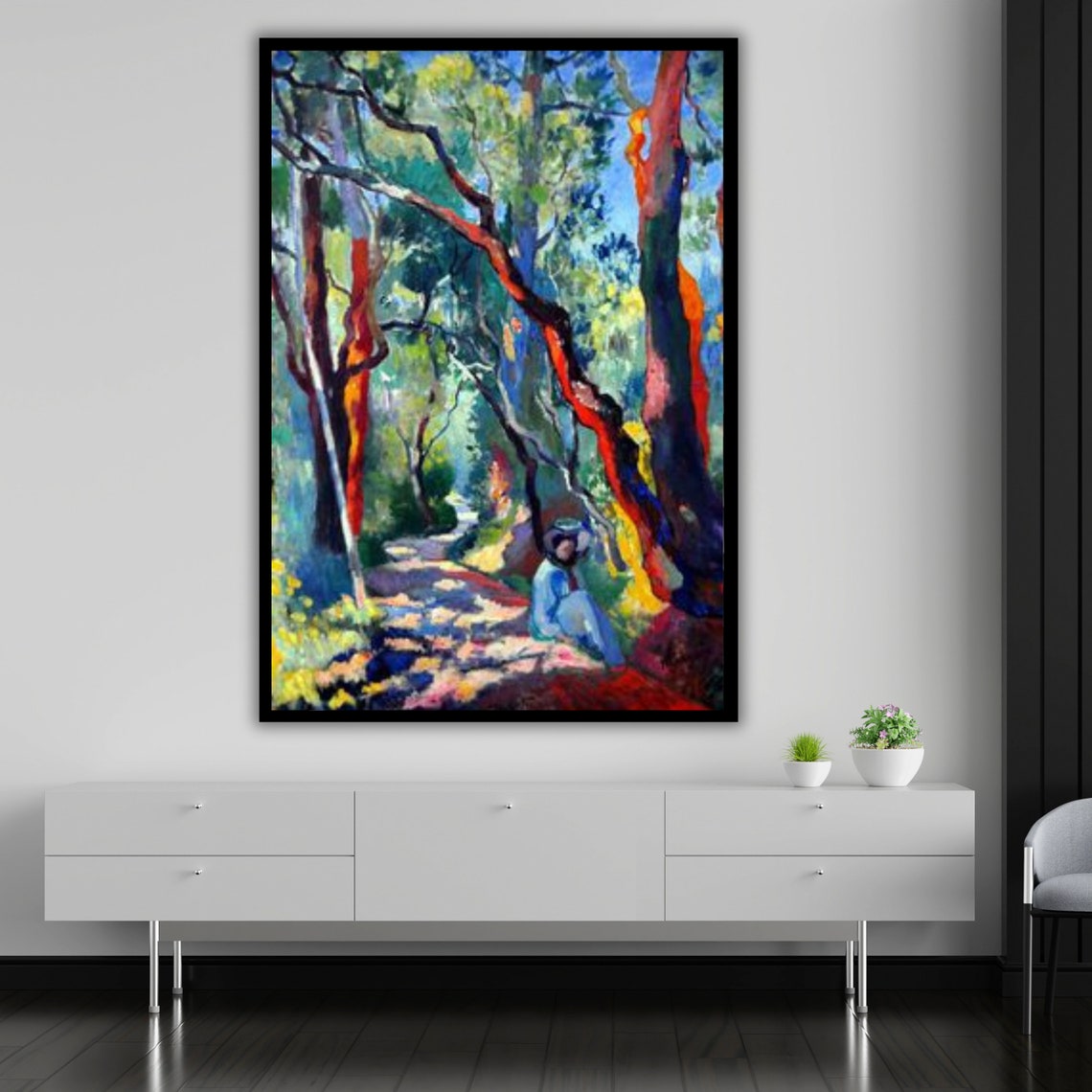 Fauvist Forest Path Woman Seated Red Trunk Trees Sunlight Print - Image 5