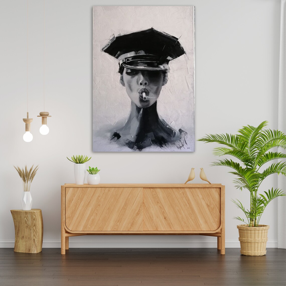 Woman Police Cap Smoking Monochrome Black White Bold Portrait Art Print Poster - Image 3