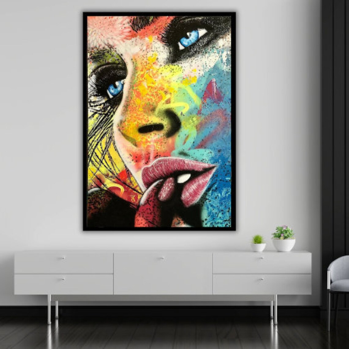 Pop Art Woman Face Close Up With Finger To Lips Graffiti Style Art Print - Image 3