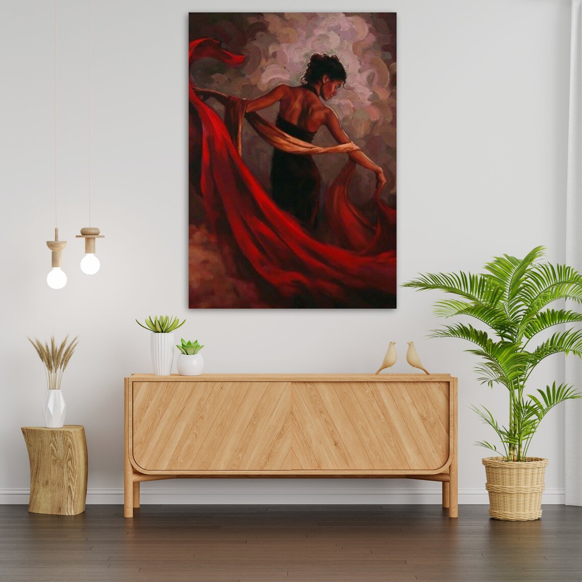 Woman Black Dress Flowing Red Fabric Dramatic Painterly Dance Art Print Poster - Image 4