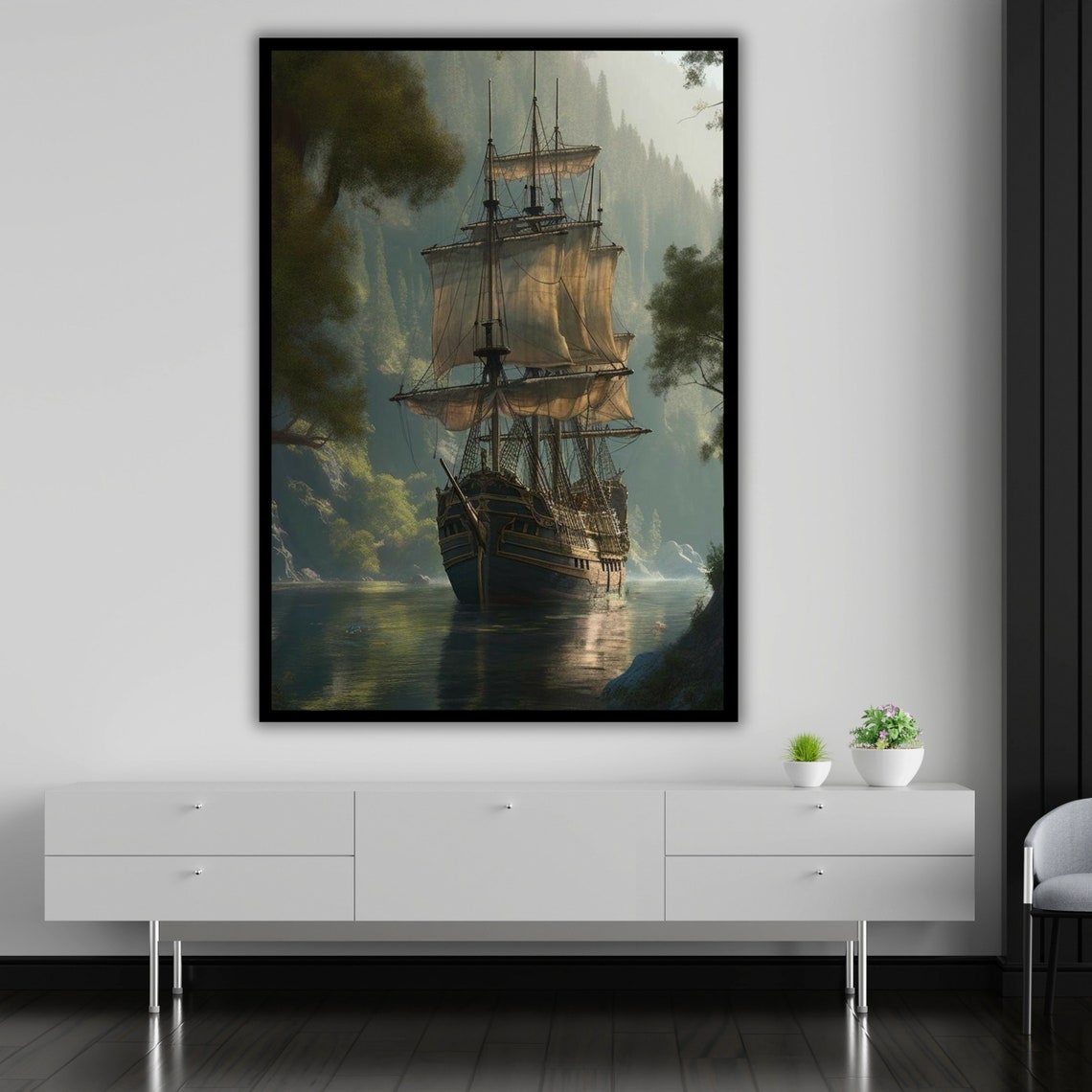 Majestic Tall Ship Sailing Through Misty Forest River Nautical Poster - Image 5