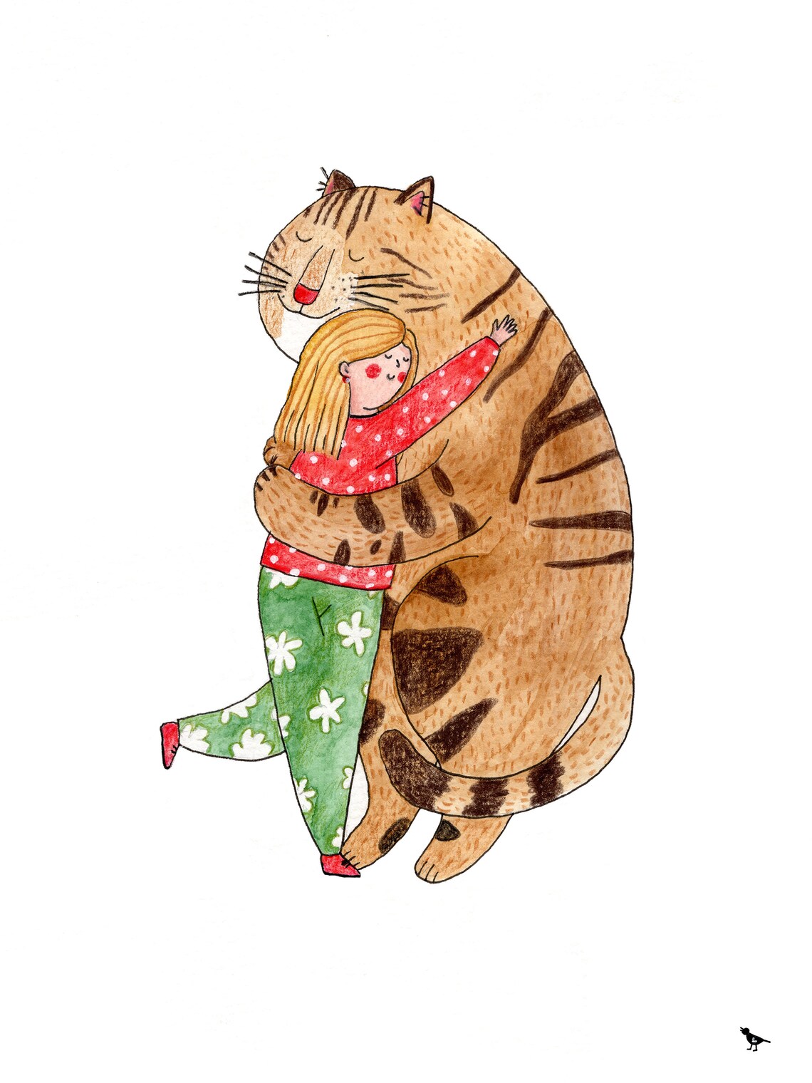 Girl Hugging a Giant Striped Cat Sweet Funny Cat Lover Illustration Poster - Image 2