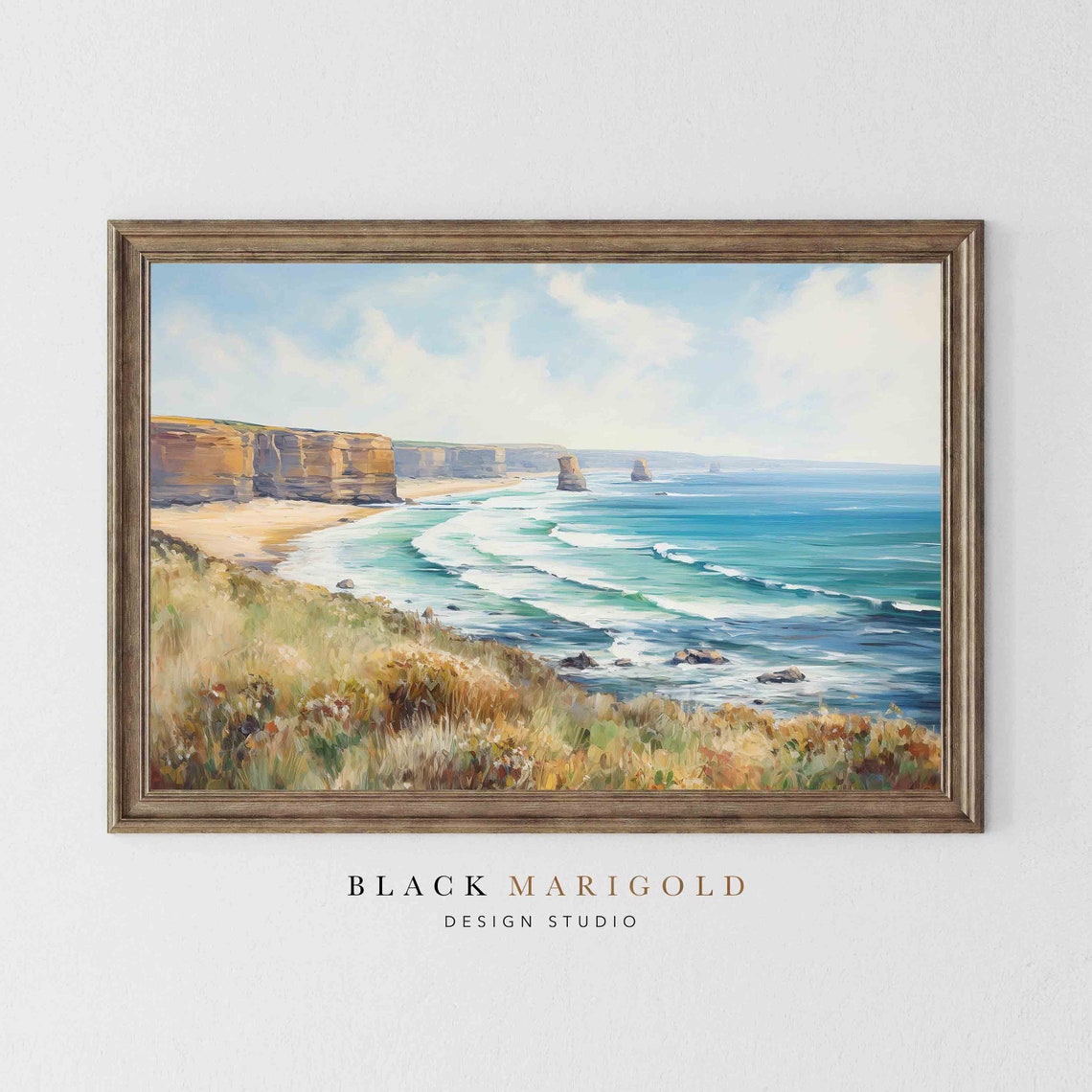 Sandy Beach With Turquoise Waves and Sculpted Coastal Cliffs Poster - Image 2