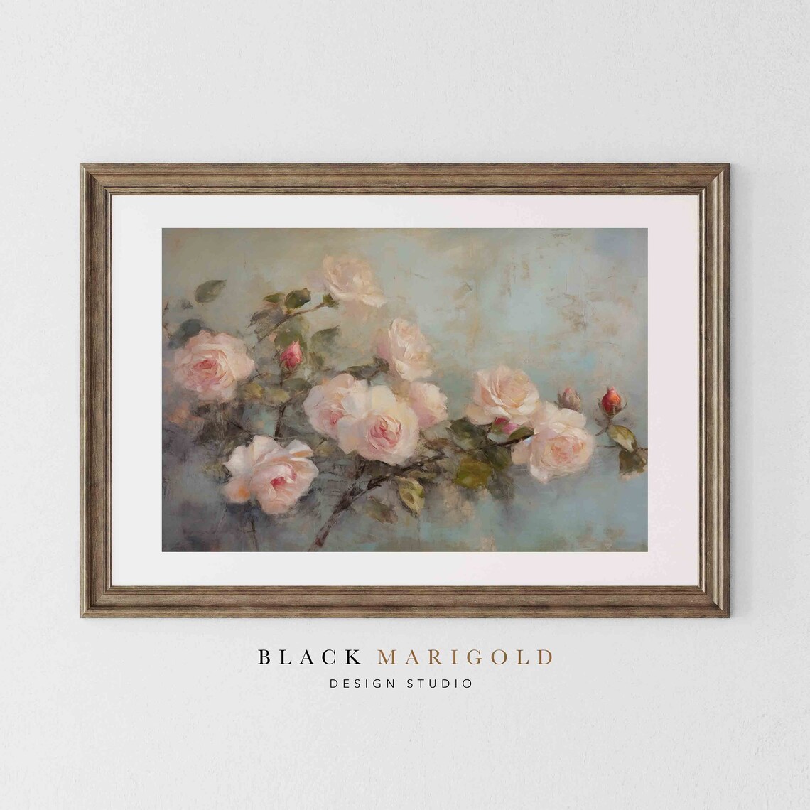 Antique Blush Roses Oil Painting Vintage Romantic Floral Poster