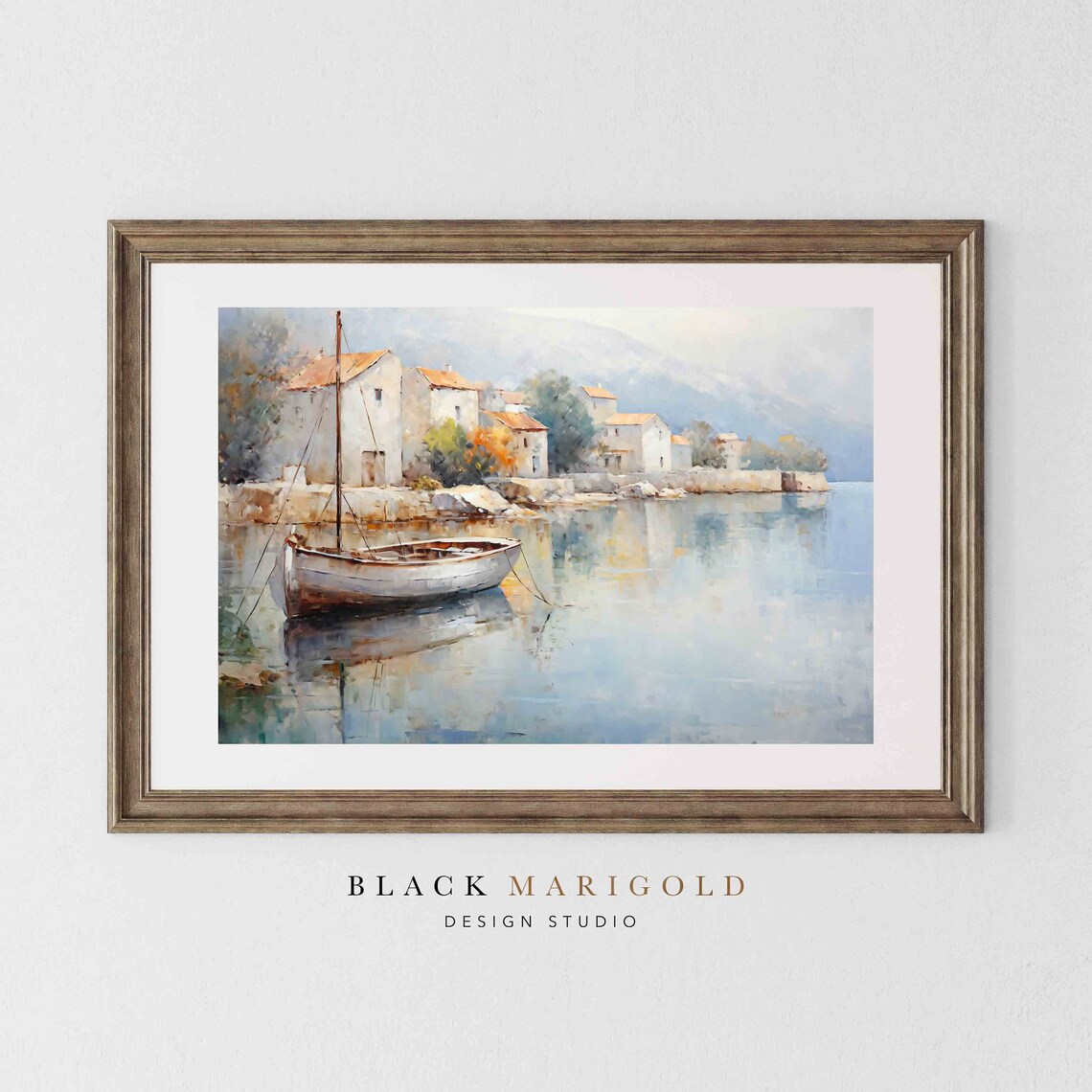 Sailboat Resting on Mirrored Waters Near a Coastal Town Poster - Image 2