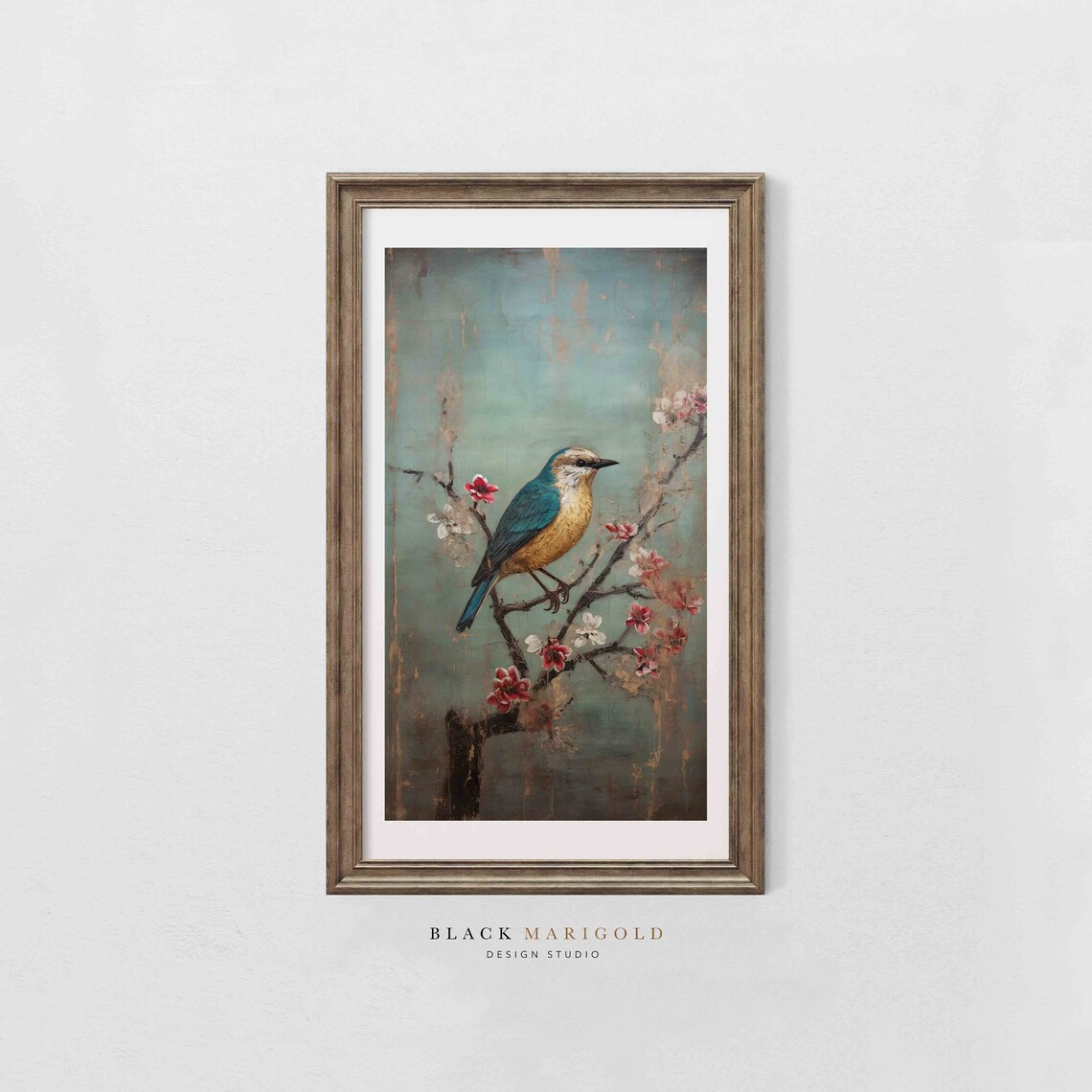 Blue and Gold Bird on Cherry Blossom Branch Vintage Art Poster - Image 2