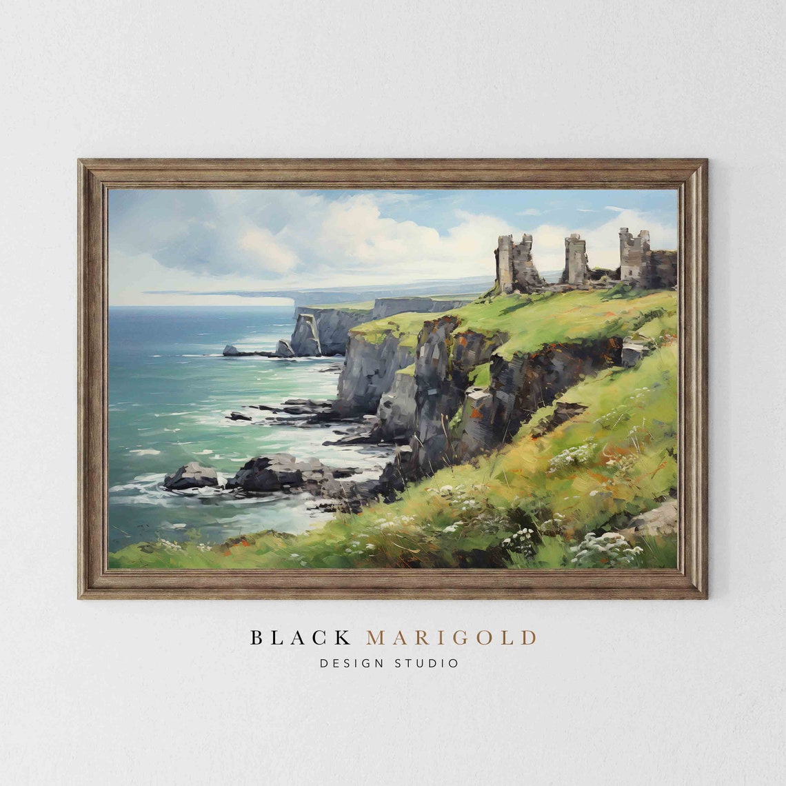 Ancient Castle Ruins on Green Coastal Cliffs Above the Sea Poster