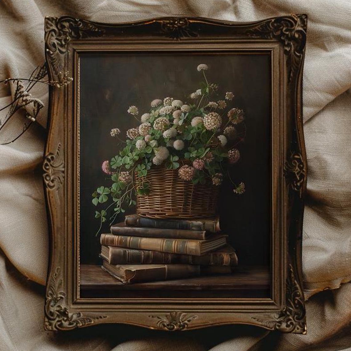 Clover Basket On Antique Books Saint Patricks Dark Still Life Poster