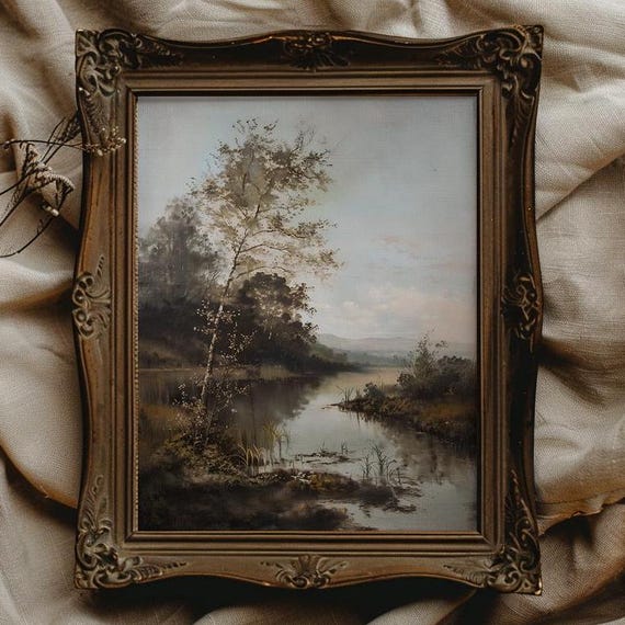 Cottagecore Landscape Art Vintage Art Print Dark Cottagecore Wall Art Dark Academia Decor For Bathroom Wall Art Serene Decor Pond Painting