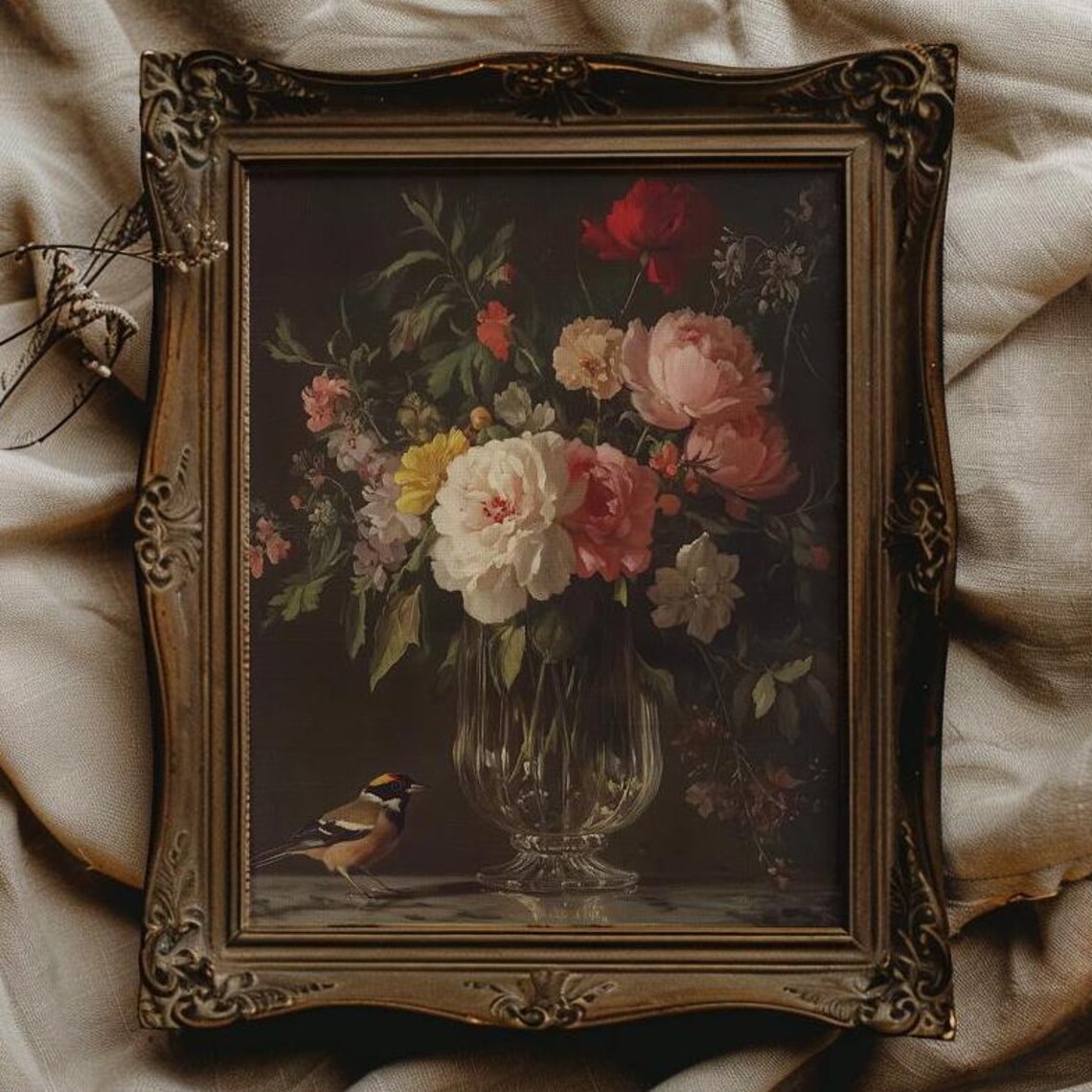 Peony Bouquet in a Glass Vase with a Small Goldfinch Bird Poster