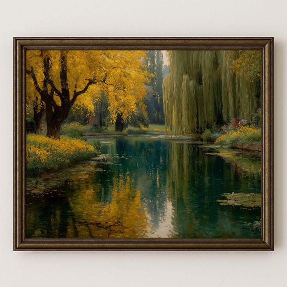 Autumn Willow Tree Pond Art Rustic Landscape Painting