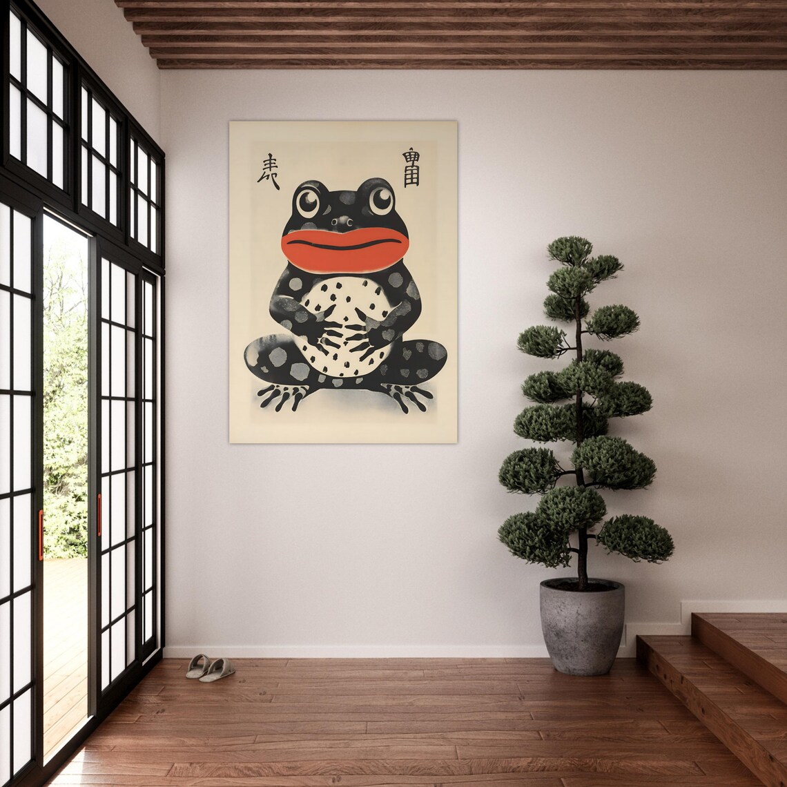 Japanese Woodblock Style Frog With Bold Red Lips On Cream Background Poster - Image 4