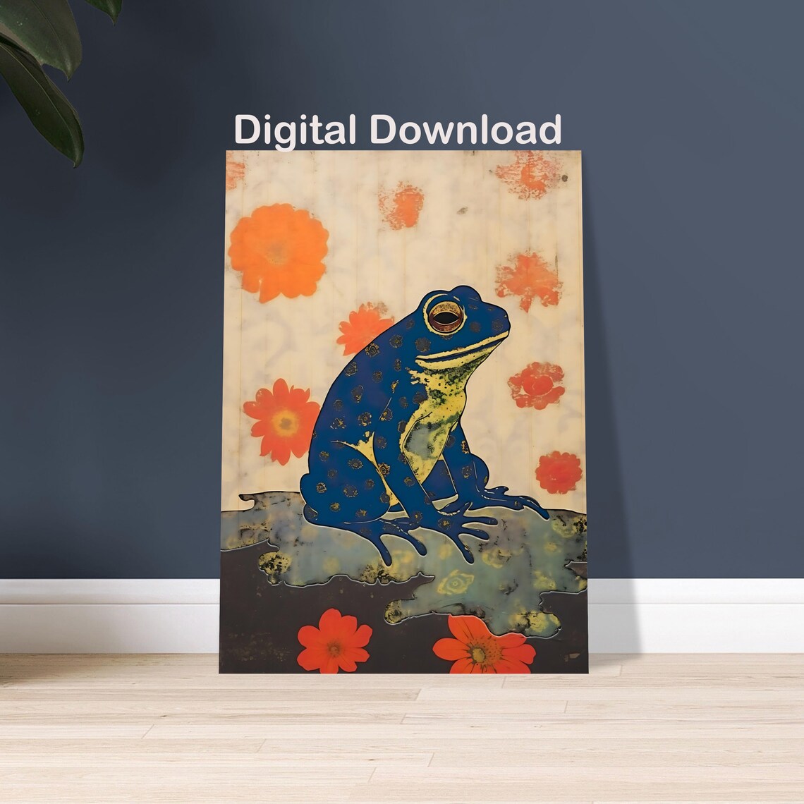 Striking Japanese Style Blue Frog Orange Flowers Vintage Art Poster