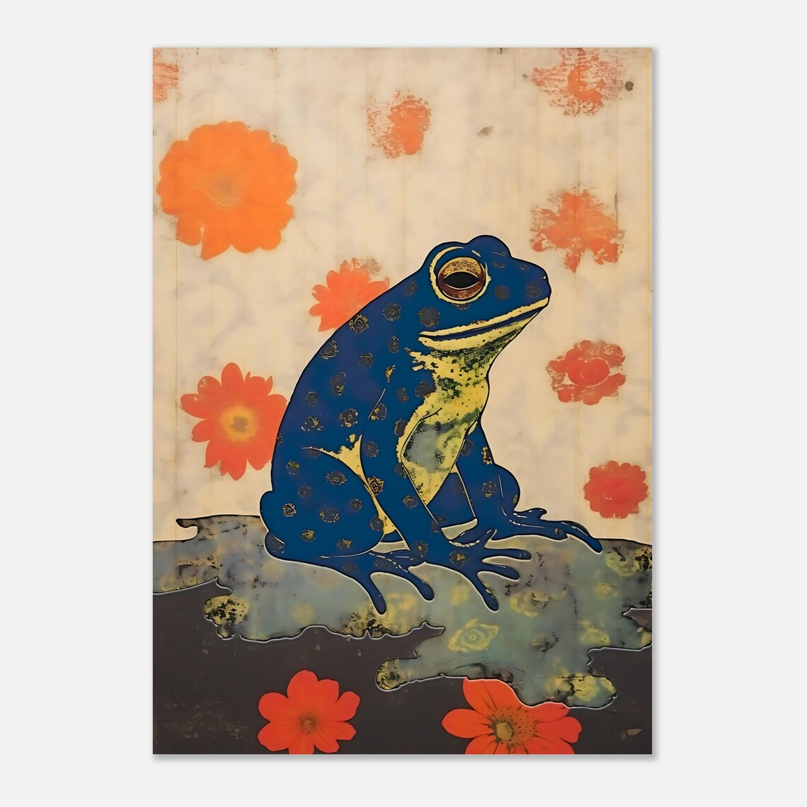 Striking Japanese Style Blue Frog Orange Flowers Vintage Art Poster - Image 5