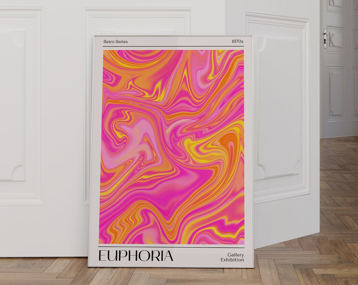 Euphoria Wall Art Retro Abstrac Gradient Poster Print Vintage Trendy Holographic Pink And Orange