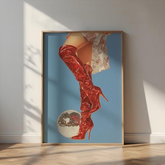 Disco Ball Poster Red Thigh High Boots Glam Retro Pop Art