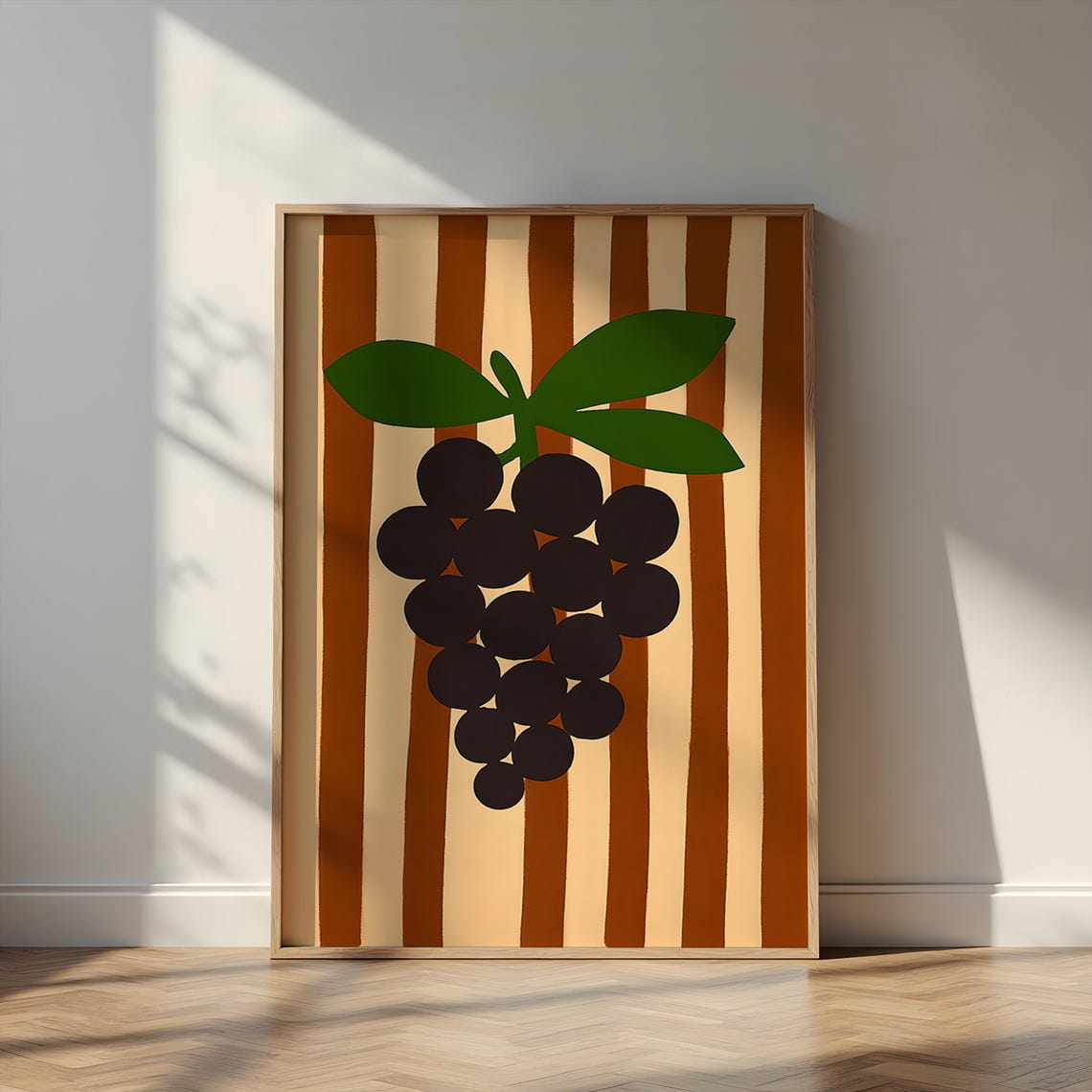 Retro Black Grapes Cluster Striped Minimalist Kitchen Art Poster