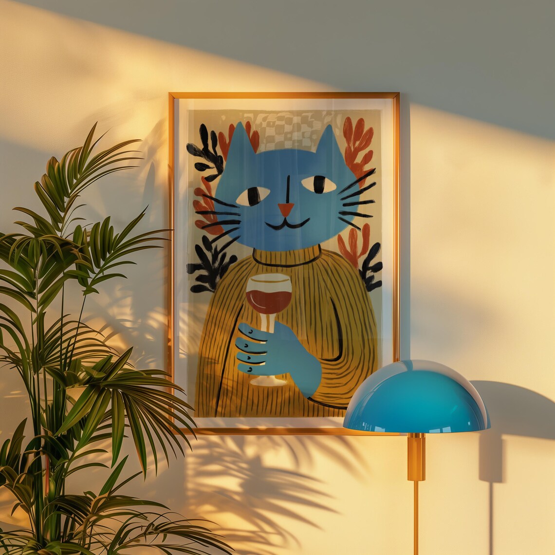 Blue Cat Holding Wine Glass Abstract Midcentury Modern Whimsical Art Print