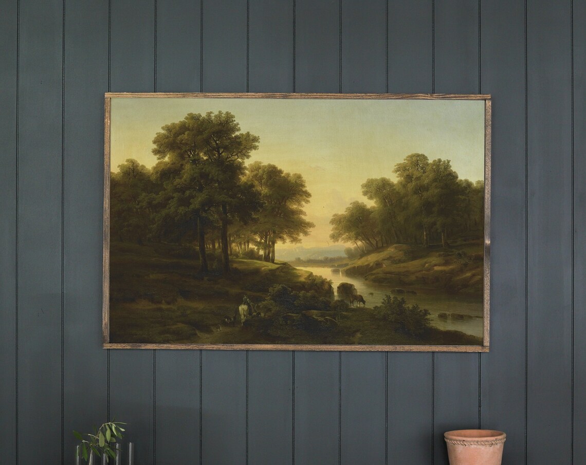 Golden Riverside Landscape With Cattle Vintage Countryside Poster